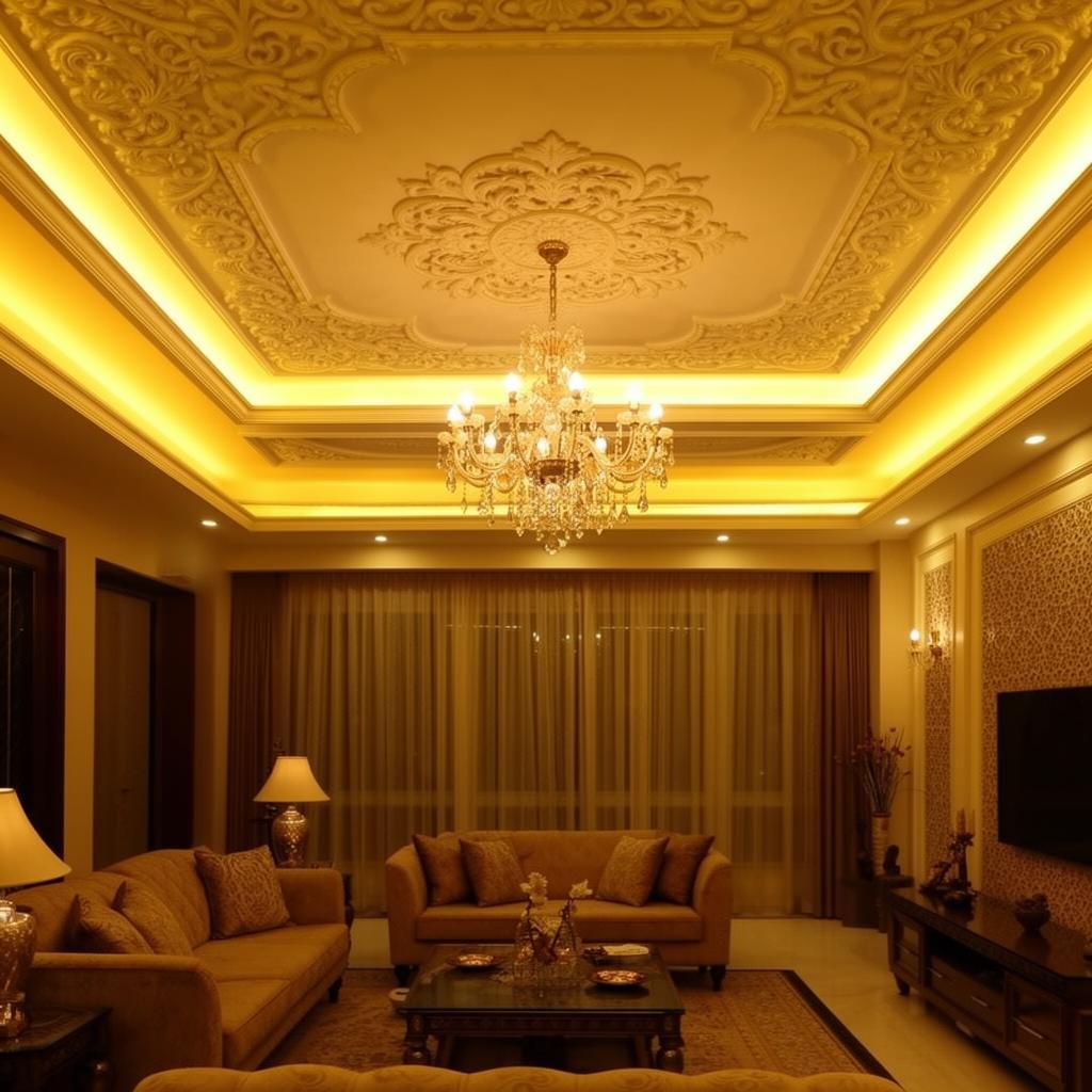 Ornate Designer Ceiling with Crystal Chandelier & Golden Accents
