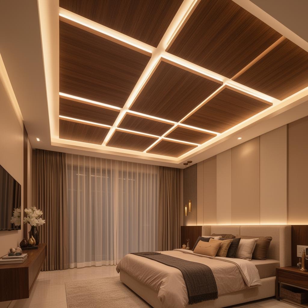 Modern Wooden Grid Ceiling with LED Strip Lighting for Bedroom