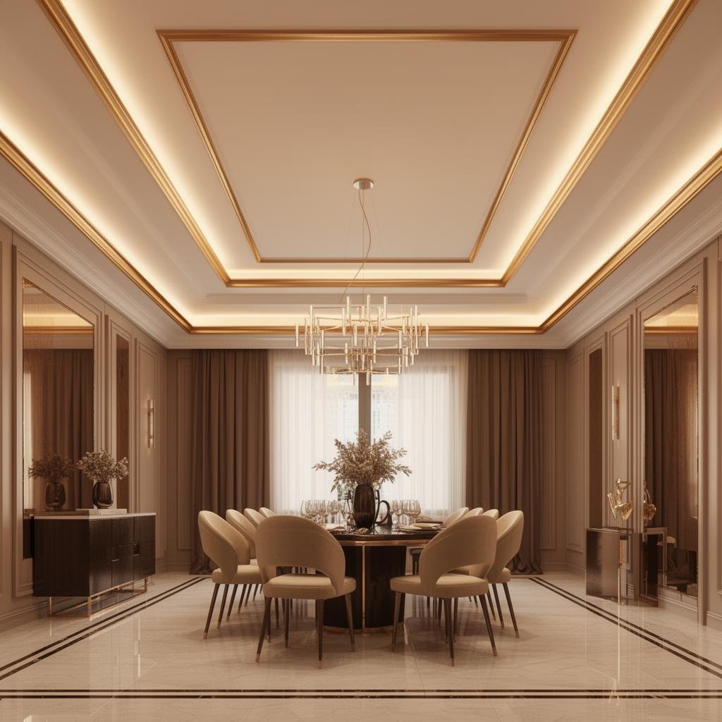 Layered False Ceiling with Gold Profiles & Contemporary Chandelier