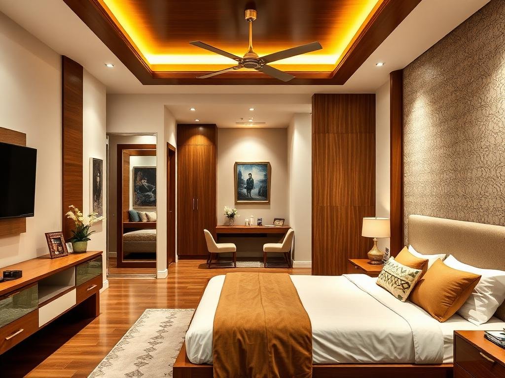 Master Bedroom with Upholstered Bed, TV Unit & Cove Lighting