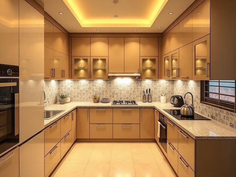 U-Shaped Modular Kitchen with Glossy Laminate Finish & Under-Cabinet Lighting
