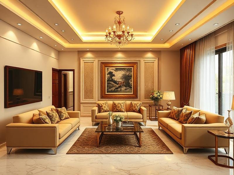 Contemporary Living Room with L-Shaped Sofa & False Ceiling