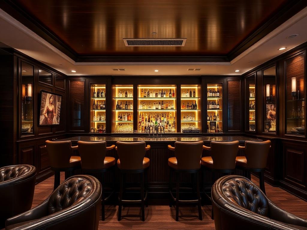 Home Bar & Lounge with Dark Wood Paneling & Backlit Display